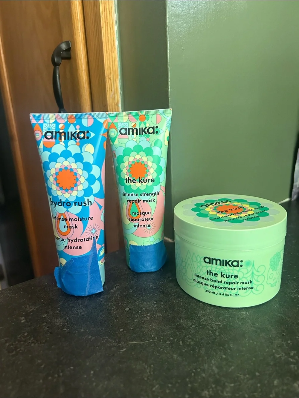 amika hair masks. All togethers new never used. Two the Kure and one hydro rush.